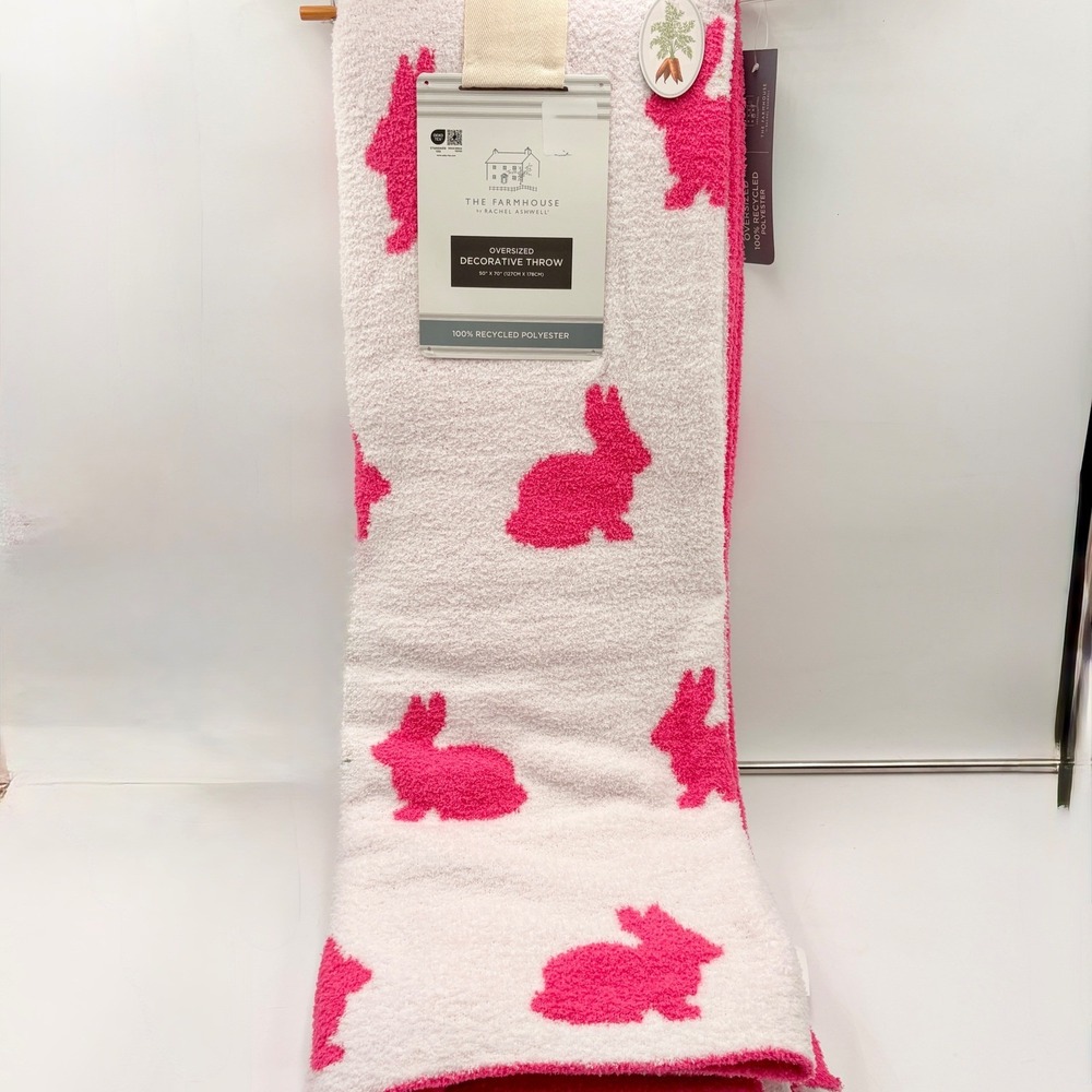 The Farmhouse Rachel Ashwell Oversized Throw‎ Blanket Pink White Bunny Rabbit